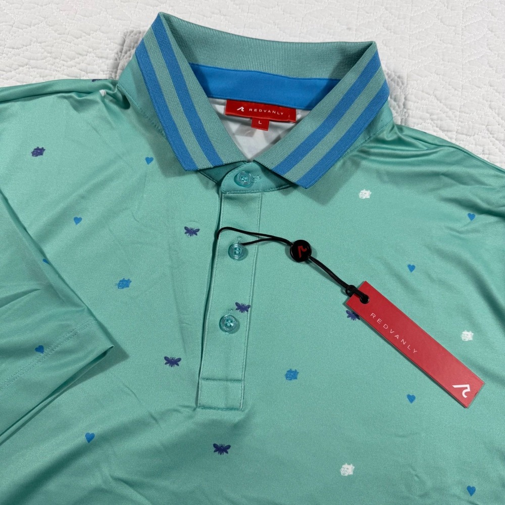 NWT REDVANLY Men L Langham Polo Shirt Pool Green Heart Bee Print Athletic Luxury
